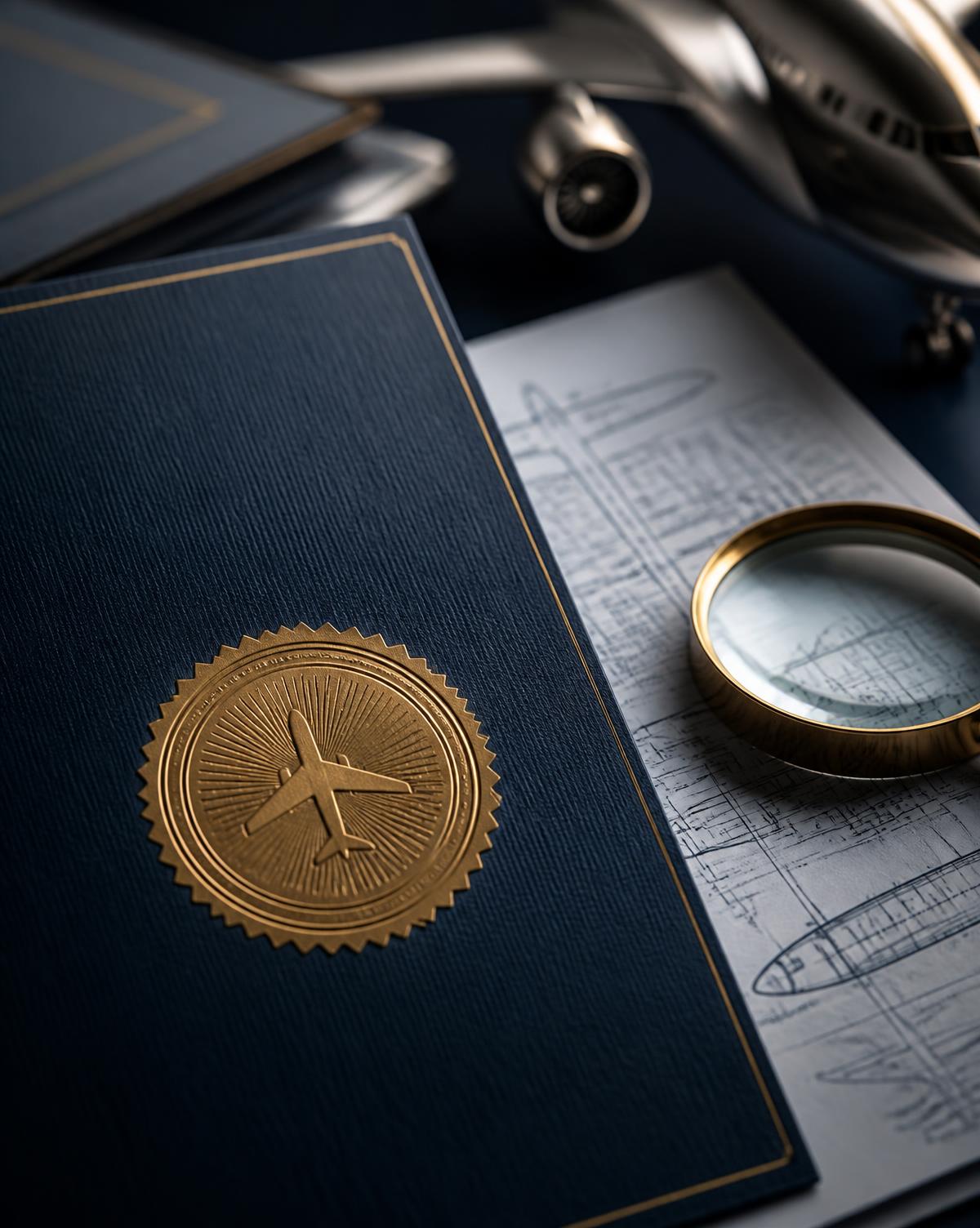 Documentos técnicos de aeronave com selo dourado de autenticidade